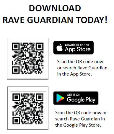Rave Guardian App QR codes for downloading on Apple App Store or Google Play