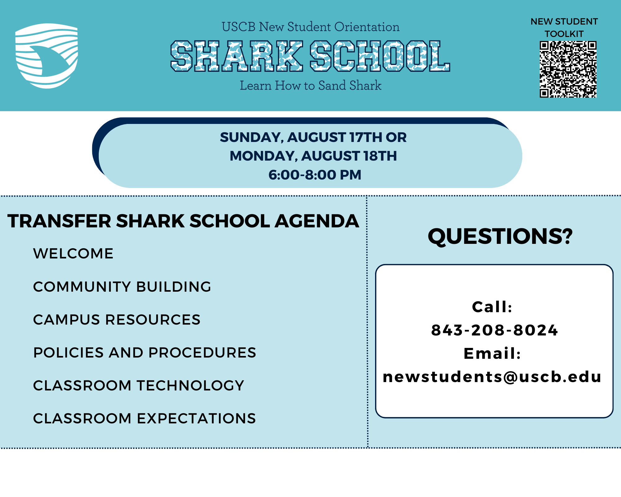 Transfer Shark School Agenda, Welcome, Community Building, Campus Resources, Policies and Procedures, Classroom Technology, and Classroom Expectations