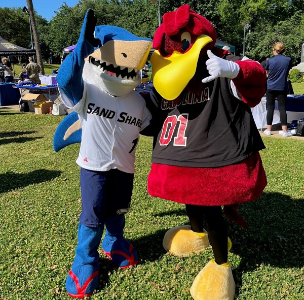 USCB Mascot and UofSC Mascot Posing Together