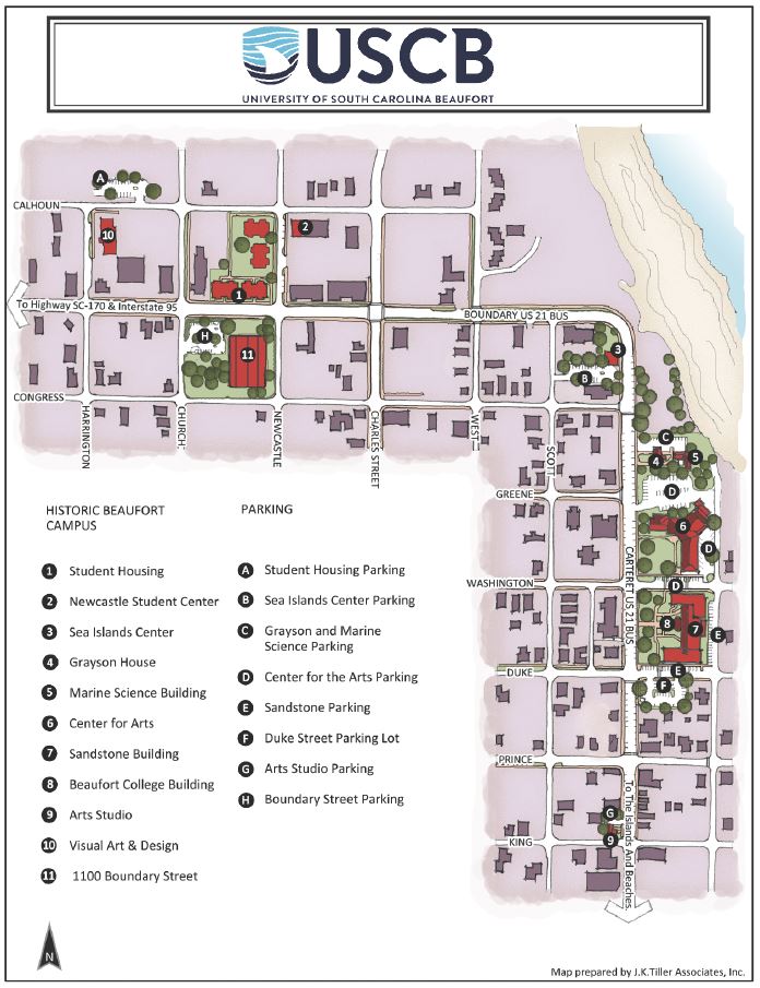Historic Beaufort Campus  1. Student Housing  2. Newcastle Student Center  3. Sea Islands Center  4. Grayson House  5. Marine Science Building  6. Center for Arts  7. Sandstone Building  8. Beaufort College Building  9. Arts Studio  10. Visual Art and Design  11. 1100 Boundary Street  Parking  A. Student Housing Parking  B. Sea Islands Center Parking  C. Grayson and Marine Science Parking  D. Center for the Arts Parking  E. Sandstone Parking  F. Duke Street Parking Lot  G. Arts Studio Parking  H. Boundary Street Parking