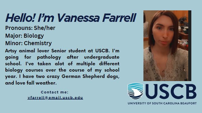 Hello! I'm Vanessa Farrell. Pronouns: She/Her. Major: Biology. Minor: Chemistry. Artsy animal lover senior student at USCB. I'm going for pathology after undergraduate school. I've taken a lot of multiple different biology courses over the course of my school year. I have two crazy German Shepherd dogs, and love fall weather.