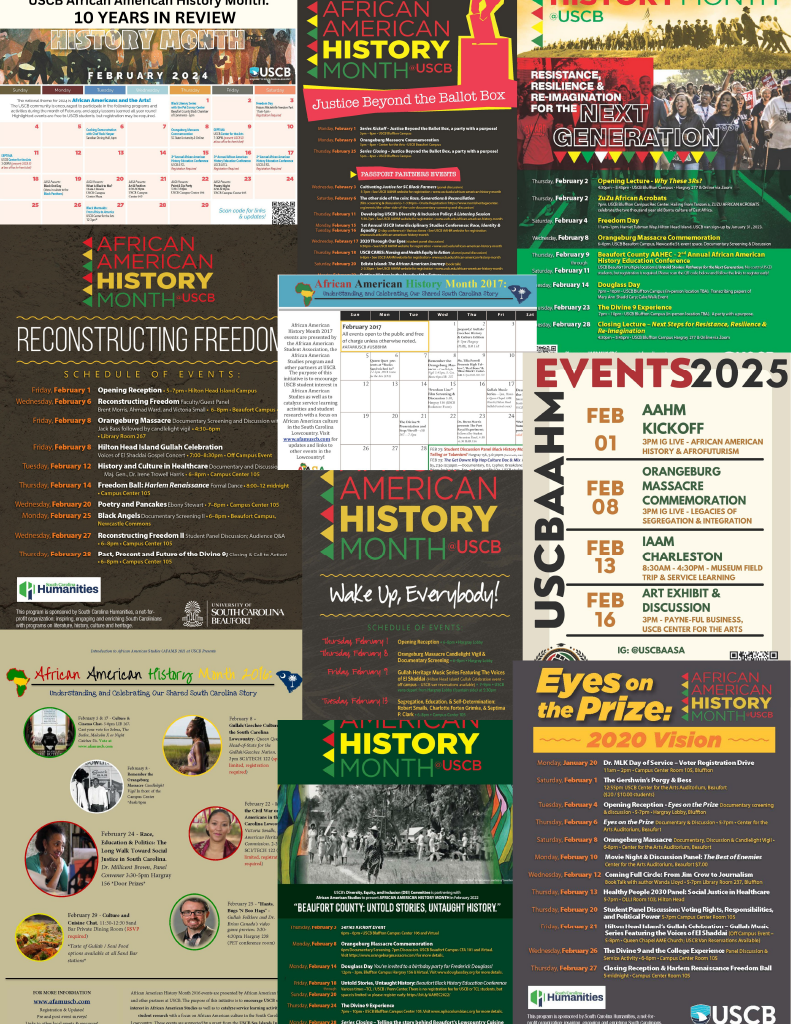 USCB African American History Month poster photo collage of previous years' posters