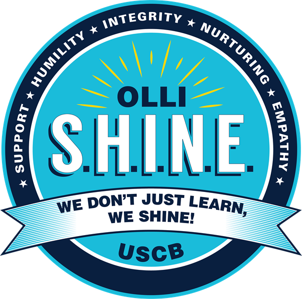 Support. Humility. Integrity. Nurturing. Empathy. OLLI S.H.I.N.E. We Don't Just Learn, We Shine! USCB logo