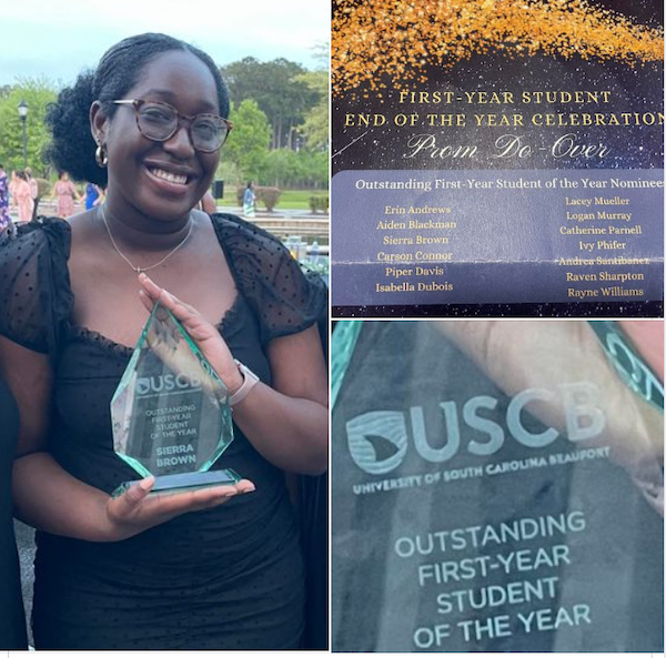 collage of award, photo of event program, and Sierra with the Award 