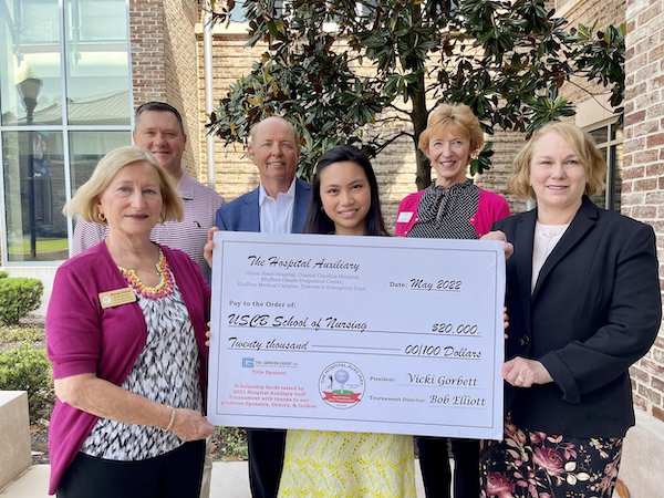 Members of the Hilton Head Hospital Auxiliary donated $20,000 to USCB to support nursing scholarships. From left to right: Marge Sieban, Hilton Head Hospital Auxiliary Scholarship Chair; Jerry Chastain, USCB Administrative Assistant for the Nursing department; Bob Elliott, Tournament Director, Christine Flores, USCB Nursing student and scholarship recipient; Dr. Jo Kuehn, Assistant Professor of Nursing at USCB; Vicki Gorbett, President, Hilton Head Hospital Auxiliary Board of Directors. Members of the Hilton Head Hospital Auxiliary donated $20,000 to USCB to support nursing scholarships. From left to right: Marge Sieban, Hilton Head Hospital Auxiliary Scholarship Chair; Jerry Chastain, USCB Administrative Assistant for the Nursing department; Bob Elliott, Tournament Director, Christine Flores, USCB Nursing student and scholarship recipient; Dr. Jo Kuehn, Assistant Professor of Nursing at USCB; Vicki Gorbett, President, Hilton Head Hospital Auxiliary Board of Directors.