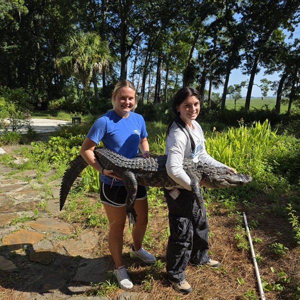 Chloe Mullinax and Savannah Polovitz holding an aligator on Spring Island, SC.