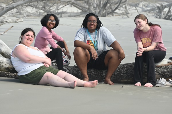four students on the pritchards island art trip sit on a driftwood tree