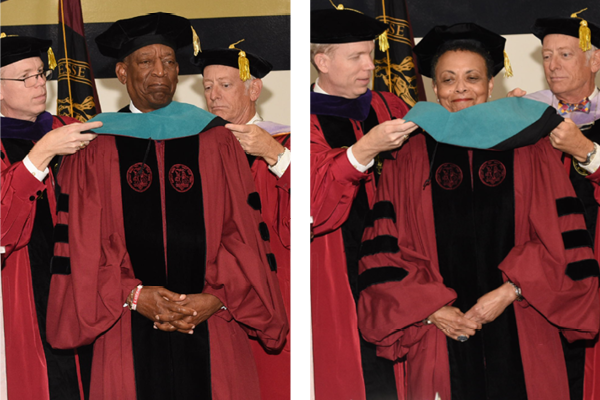 Two images of a man and women being hooded