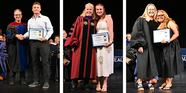 Three images of students on stage receiving awards