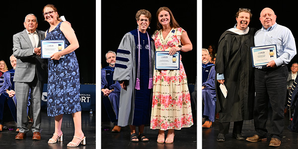 Three images of students on stage receiving awards