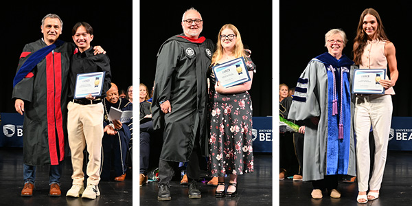 Three images of students on stage receiving awards